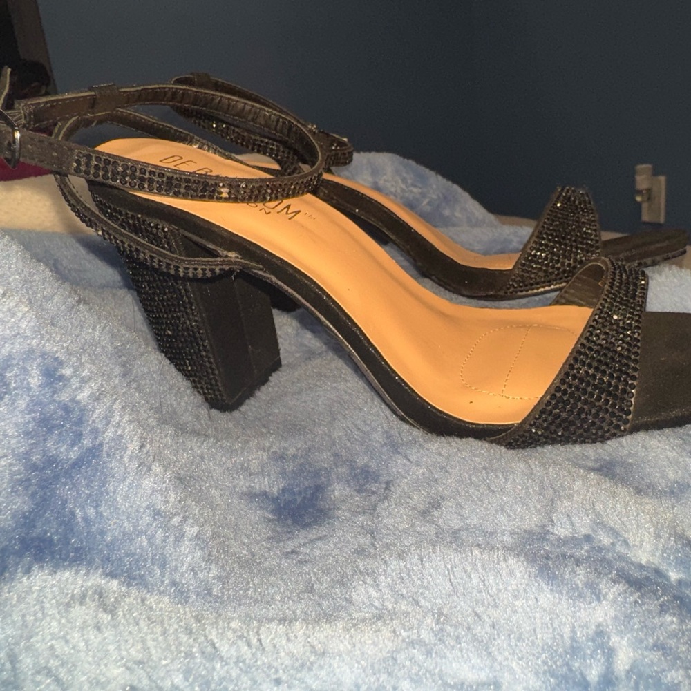 Black Beaded Open Toe Block Heels